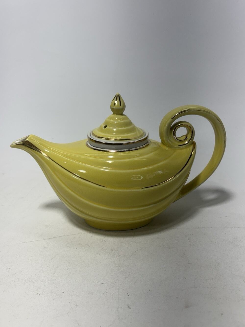 Vintage Hall China 6 Cup Teapot w/ Infuser Yellow Gold Trim USA Art Deco MCM